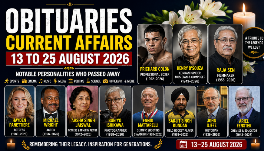 Obituaries Current Affairs 13–25 August 2026: Notable Personalities Who Passed Away